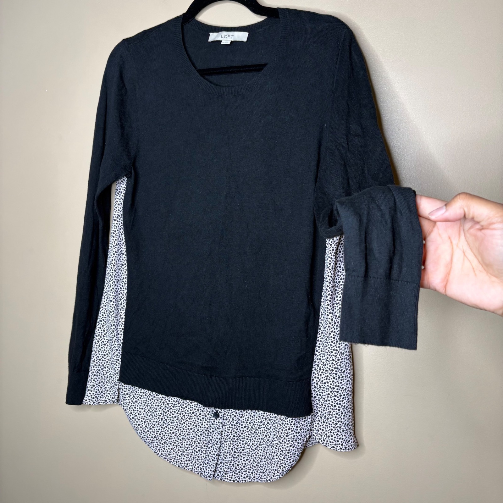 Loft Black Mixed Media Sweater Layered Look Size Medium Career Preppy Chic